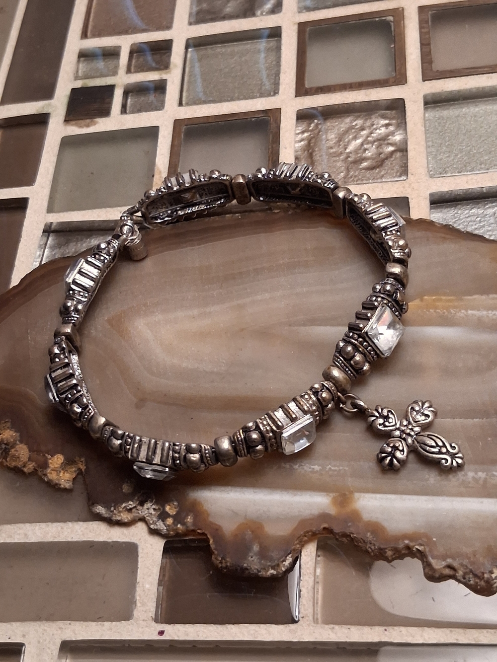 Vintage Silver-Tone Beaded Bracelet with Clear Crystal Accents